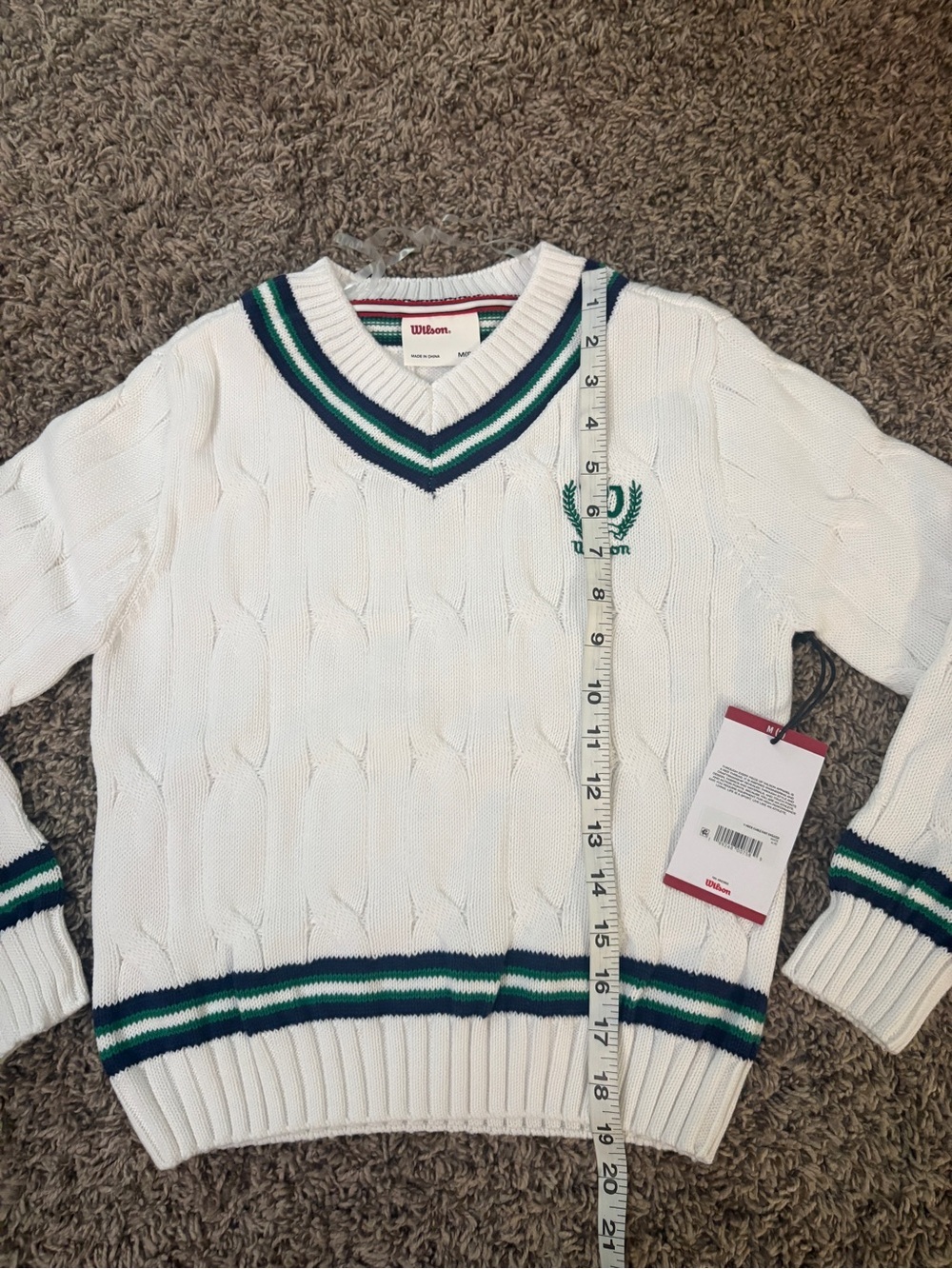 Wilson White Cable-Knit V-Neck Sweater with Green & Navy Stripes - Picture 9 of 11